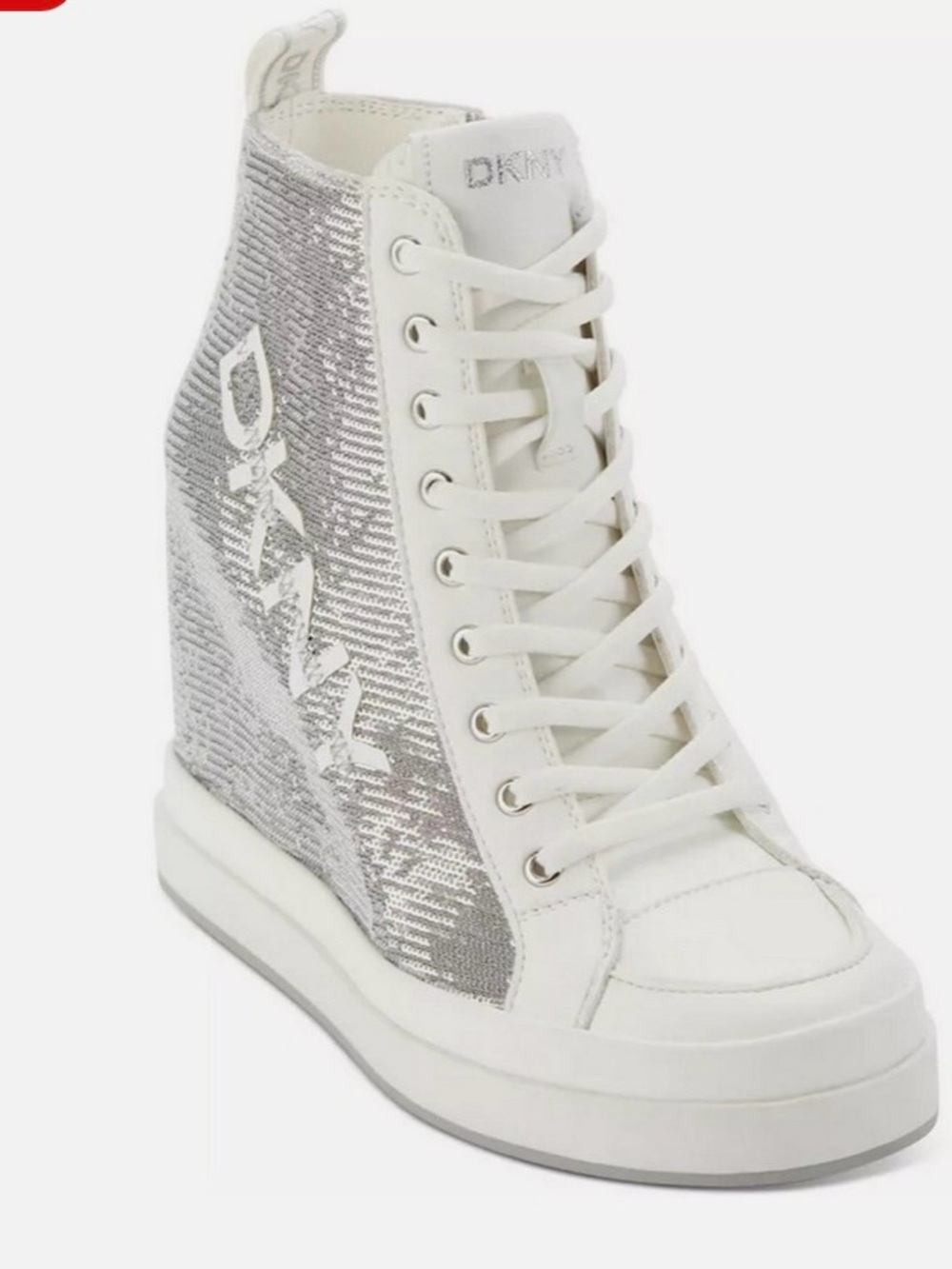 DKNY White and Silver Sequin Wedge High-Top Sneaker